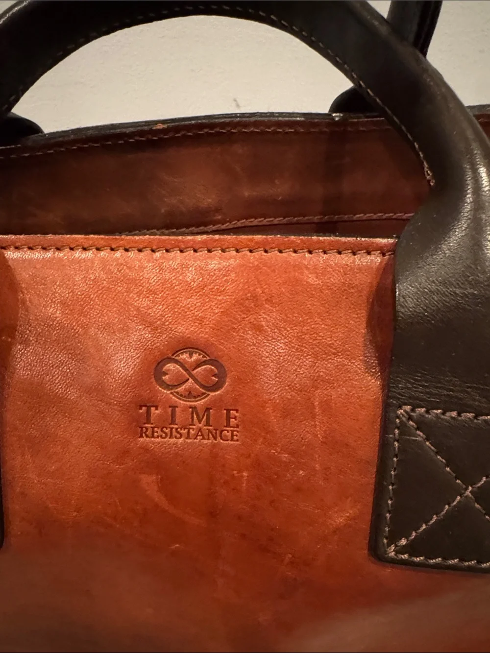 Time Resistance Premium Cognac Leather Briefcase with Dark Handles and Shoulder